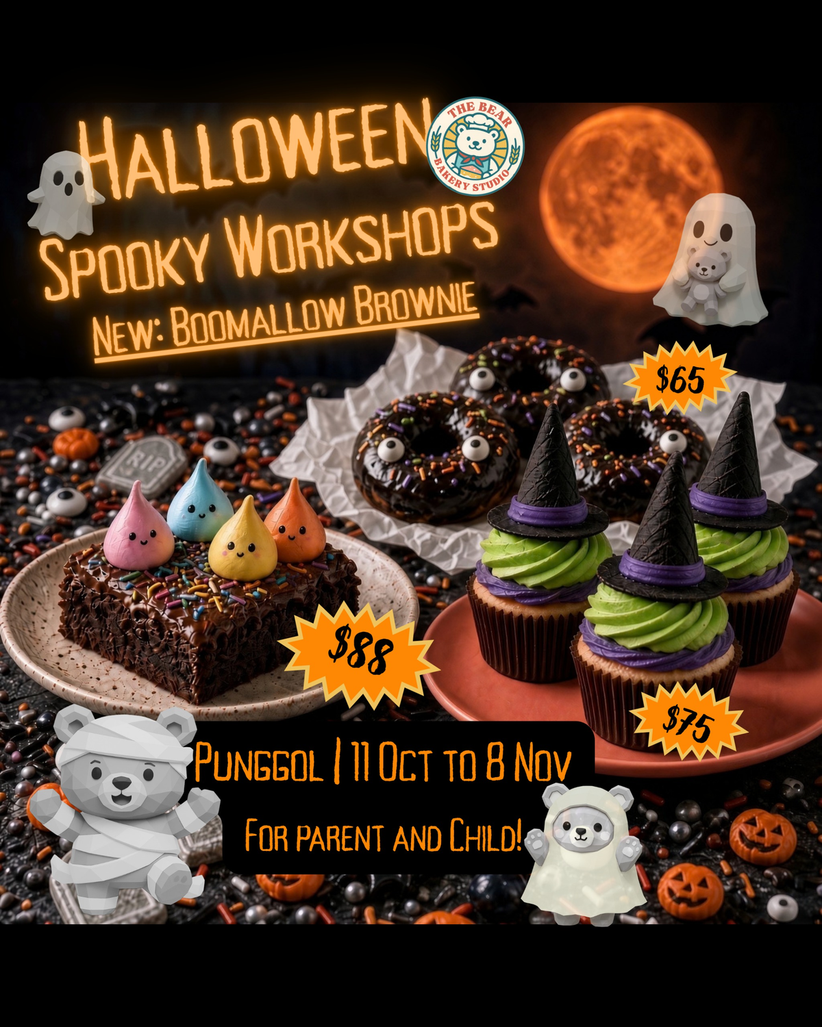 The Bear Bakery Halloween Spooky Workshops poster featuring ghost brownies, spooky doughnuts and witch-hat cupcakes.