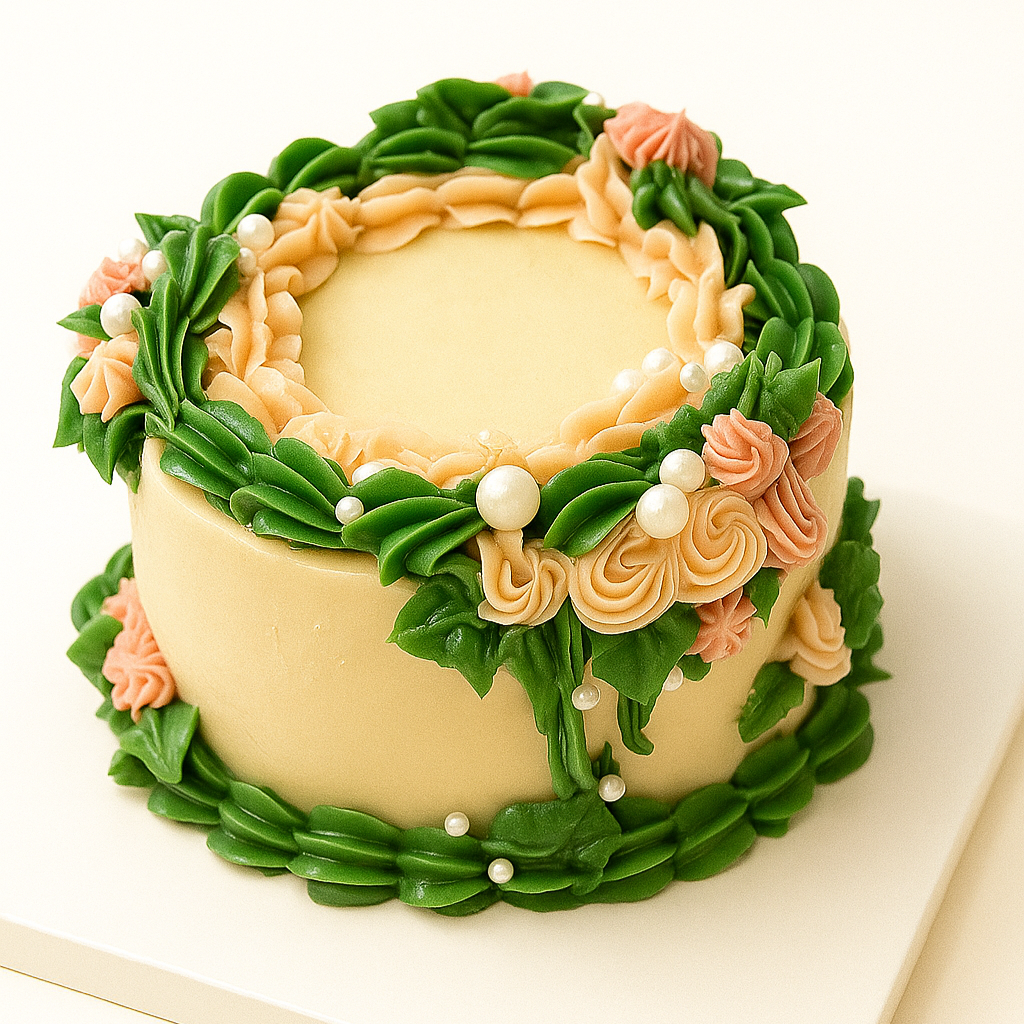 Decorative cake with green, beige, and pink icing on a white background