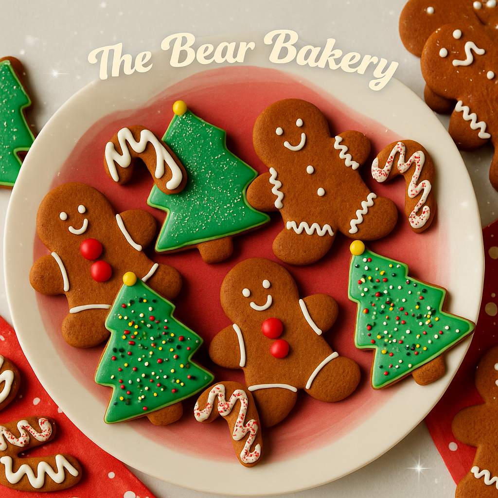 Decorative gingerbread cookies on a plate with 'The Bear Bakery' branding. adults and kids baking class