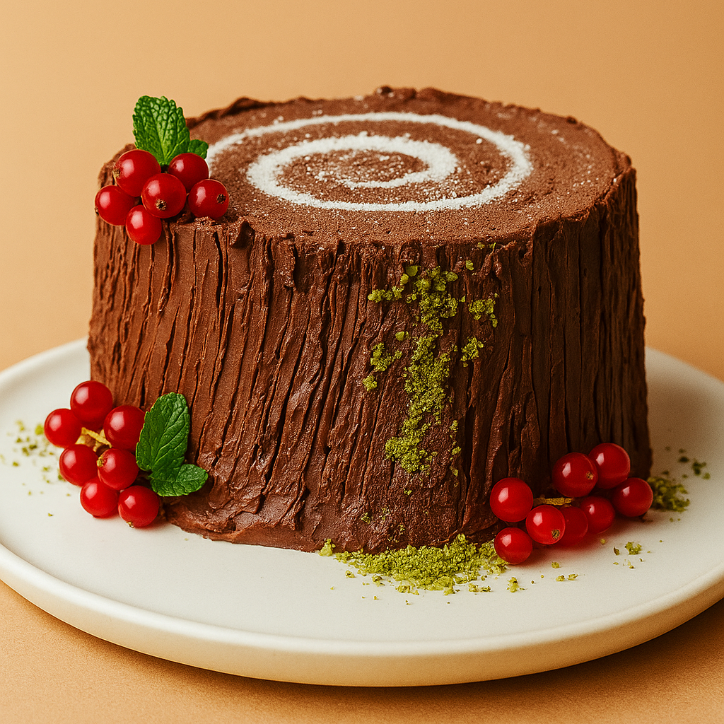 Chocolate swiss roll cake with red berries on a beige background Log cake baking class for adults and kids