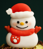 Snowman figurine with a red hat and scarf on a neutral background