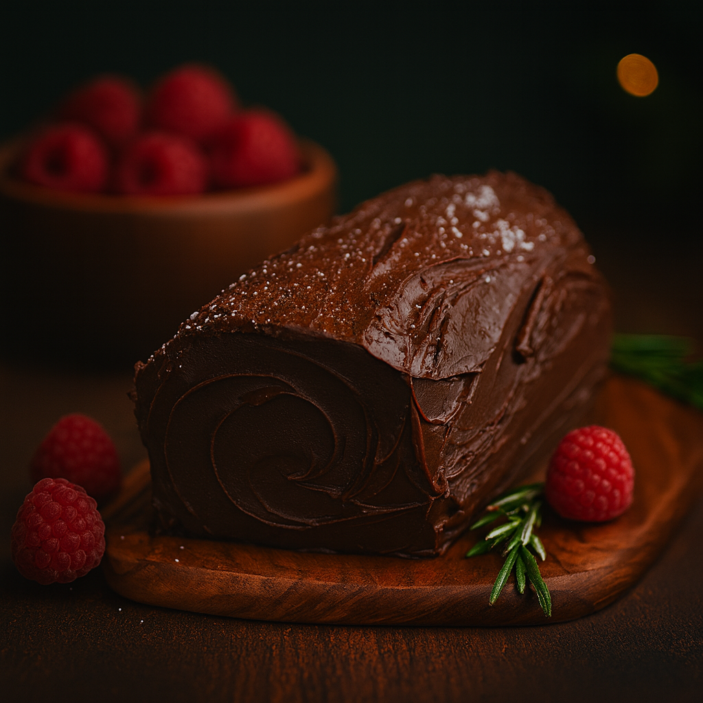 Chocolate cake roll with raspberries on a wooden board