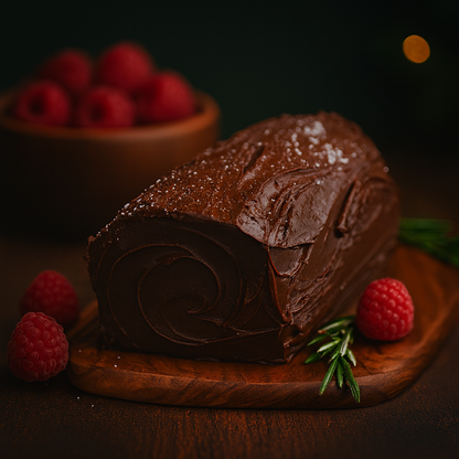 Chocolate cake roll with raspberries on a wooden board