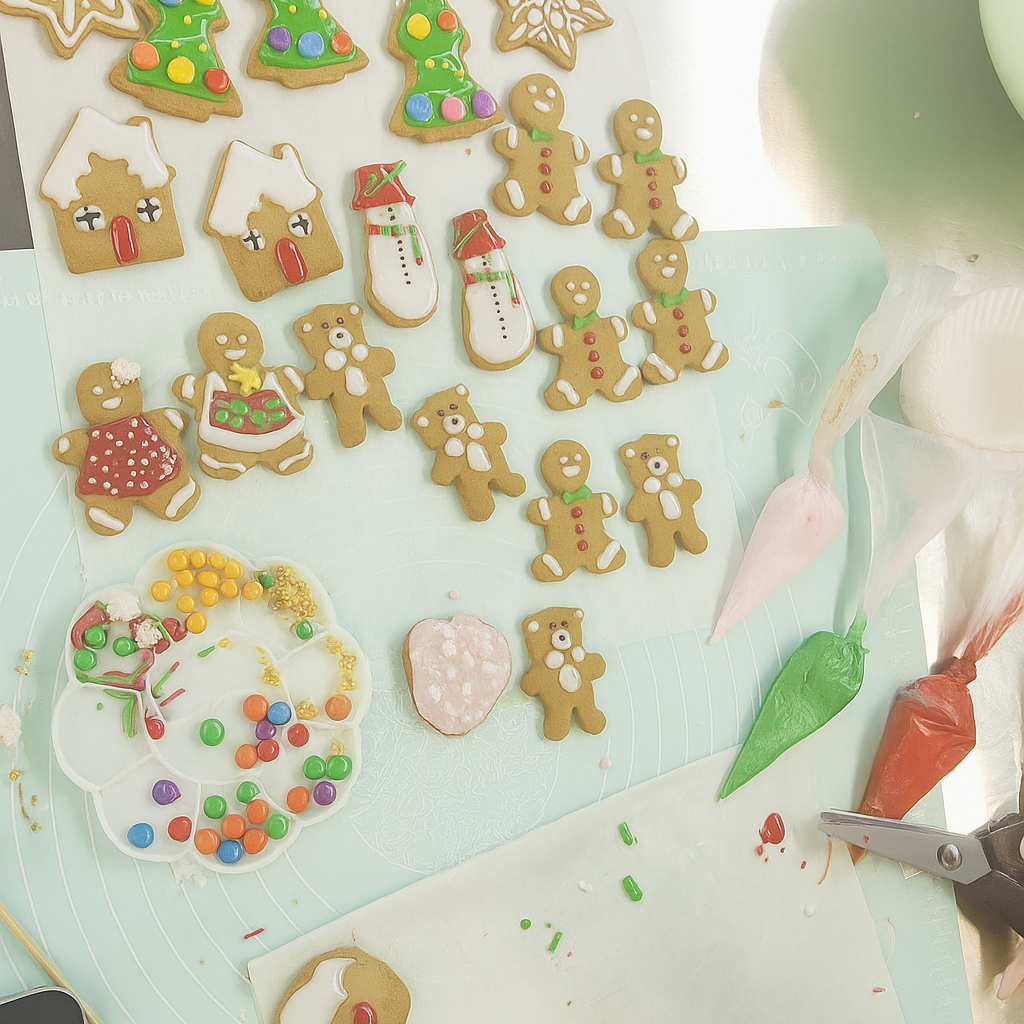 Decorative cookies shaped like gingerbread men and other figures on a cutting board.