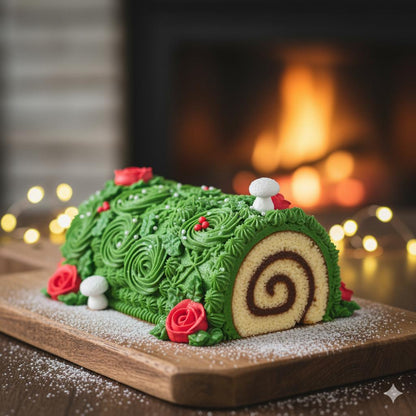 Decorative cake resembling a yule log with green icing, red roses, and white mushrooms on a wooden board with a fireplace in the background.